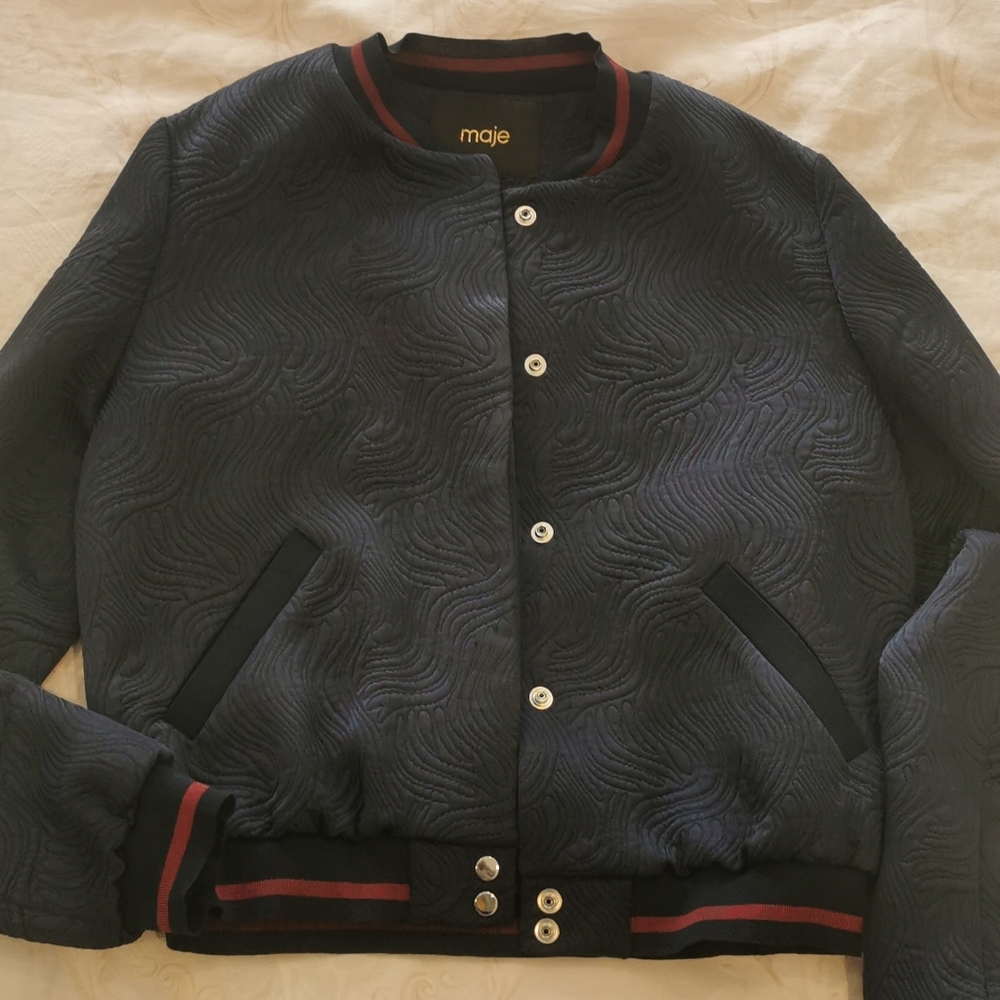 Maje Navy Quilted Bomber Jacket with Red Trim